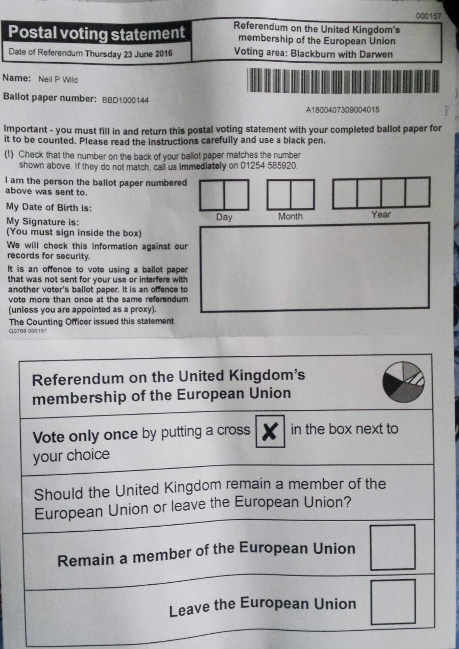 Papeleta de la votación de permanencia o salida de UK de la Unión Europea