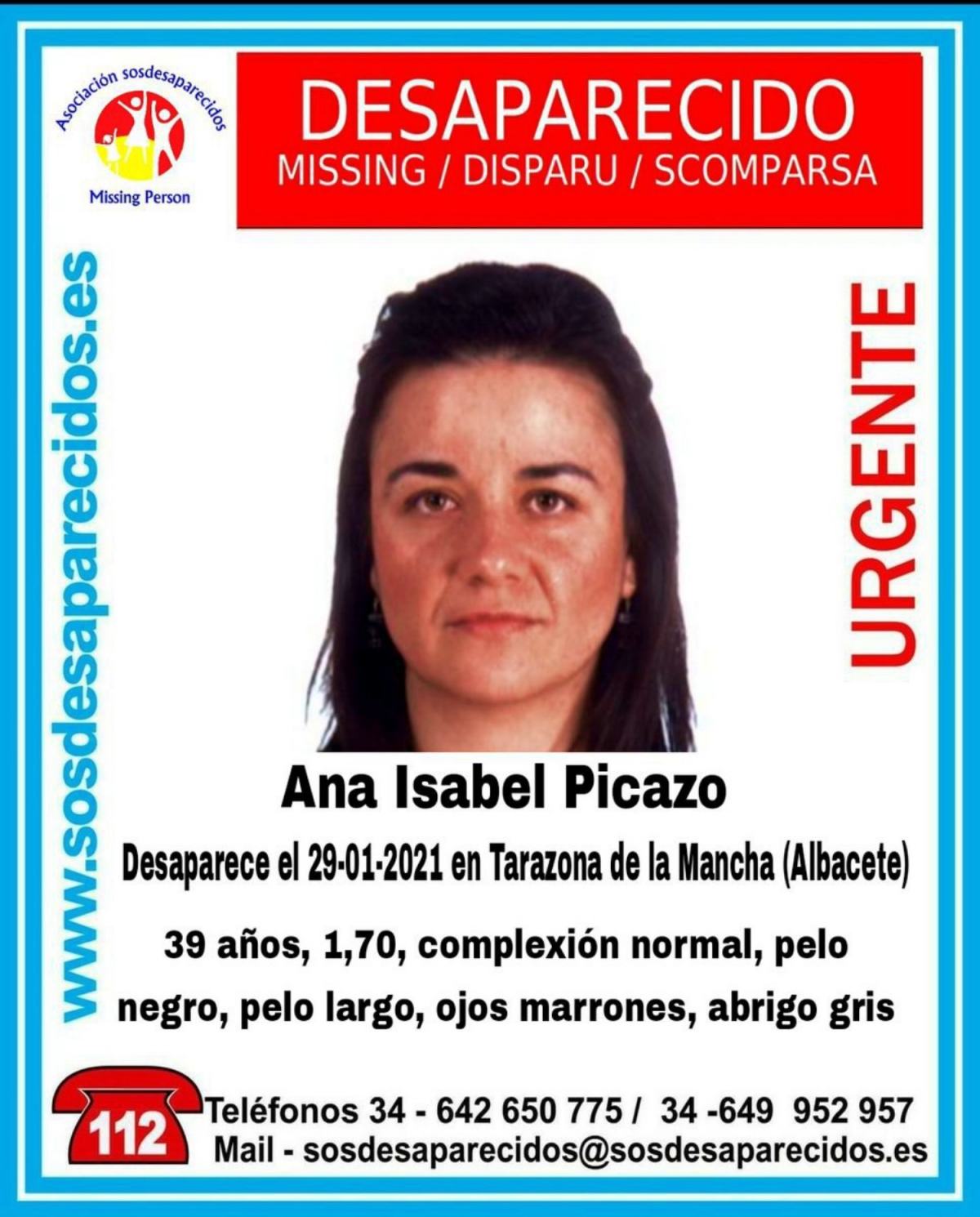 Cartel con los datos más relevantes difundidos para ayudar en la localización de Ana Isabel Picazo