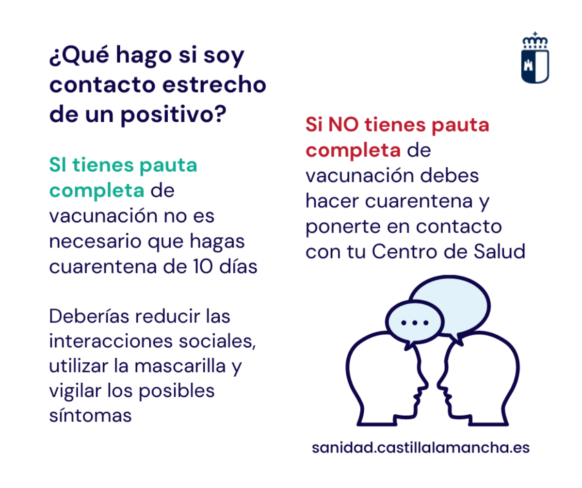 Recomendaciones para contactos estrechos de positivos por COVID-19. Foto: Consejería de Sanidad de Castilla-La Mancha