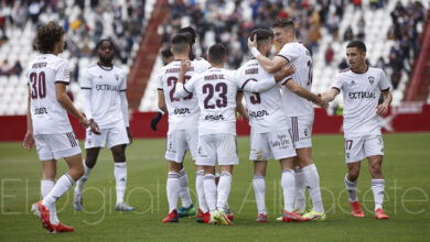 El Albacete Balompié celebra uno de sus goles anotados este domingo ante el Algeciras