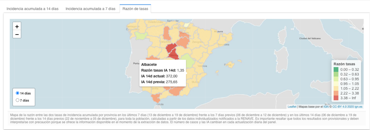 Incidencia acumulada a 14 días en Albacete. Foto: Instituto de Salud Carlos III