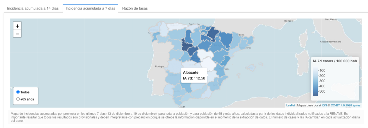 Incidencia acumulada a 7 días en Albacete. Foto: Instituto de Salud Carlos III