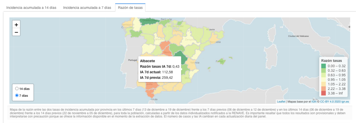 Incidencia acumulada a 7 días en Albacete. Foto: Instituto de Salud Carlos III