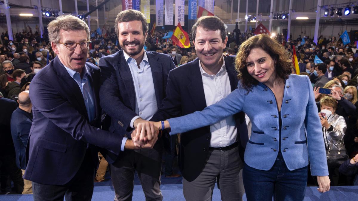 El presidente de la Xunta de Galicia, Alberto Núñez Feijoo; el presidente del PP, Pablo Casado; el presidente de Castilla y León, Alfonso Fernández Mañueco y la presidenta de la Comunidad de Madrid, Isabel Díaz Ayuso / Europa Press