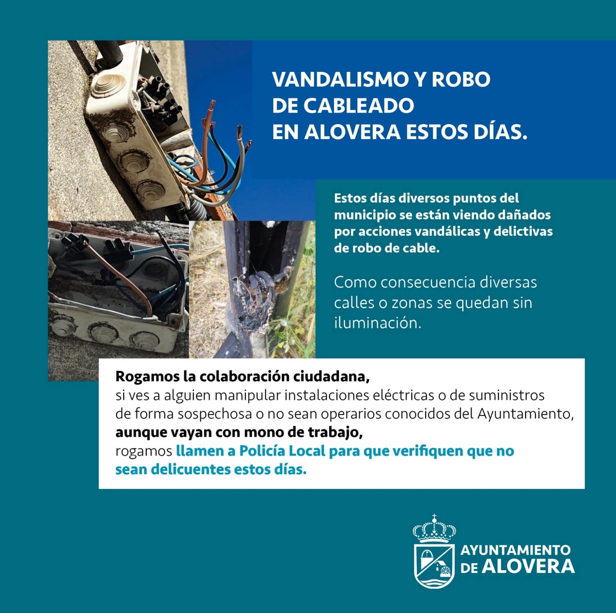 Robos de cable y actos vandálicos dejan sin iluminación a varias zonas de esta localidad de Castilla-La Mancha / Ayto. Alovera