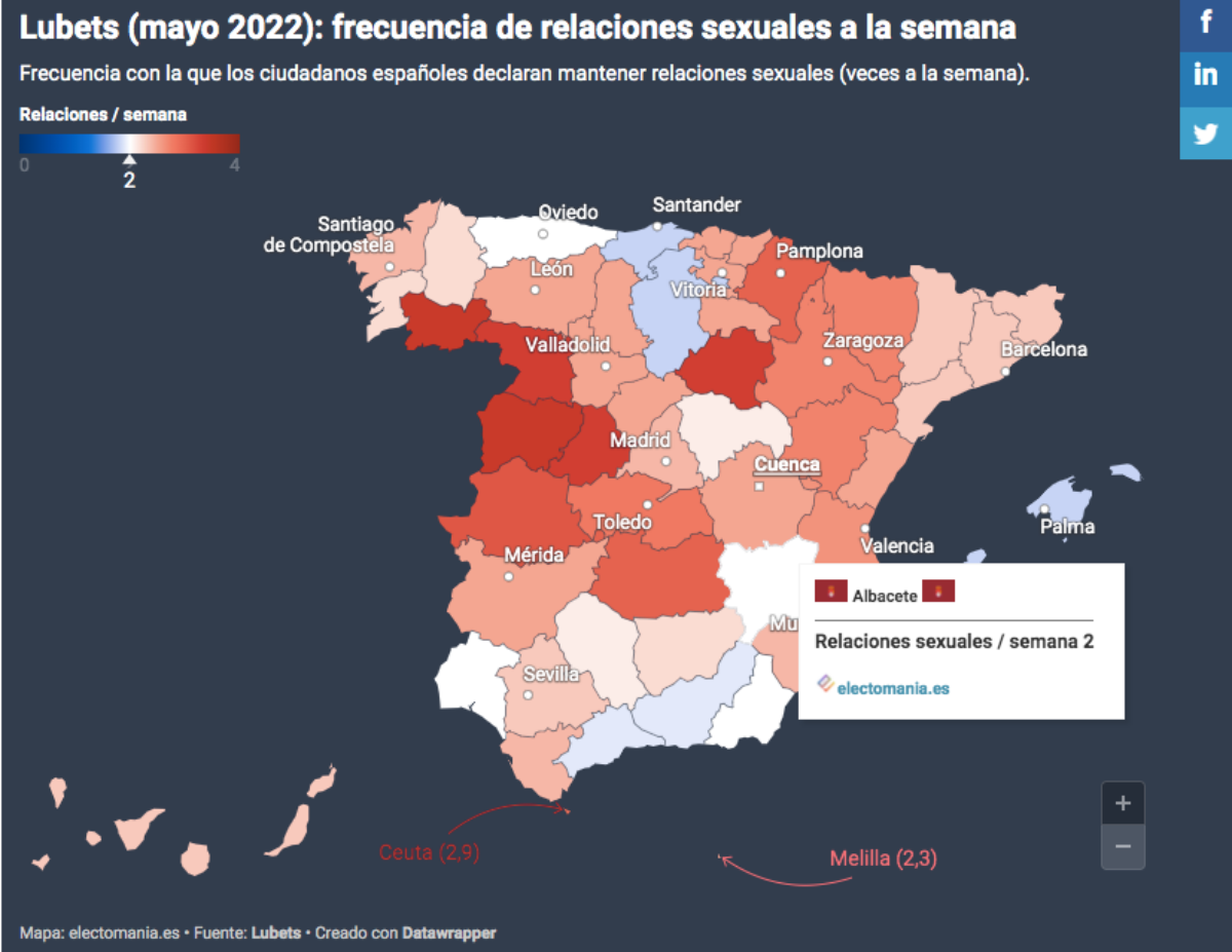 Mapa con la frecuencia de relaciones sexuales en España según Lubets / electomania.es  