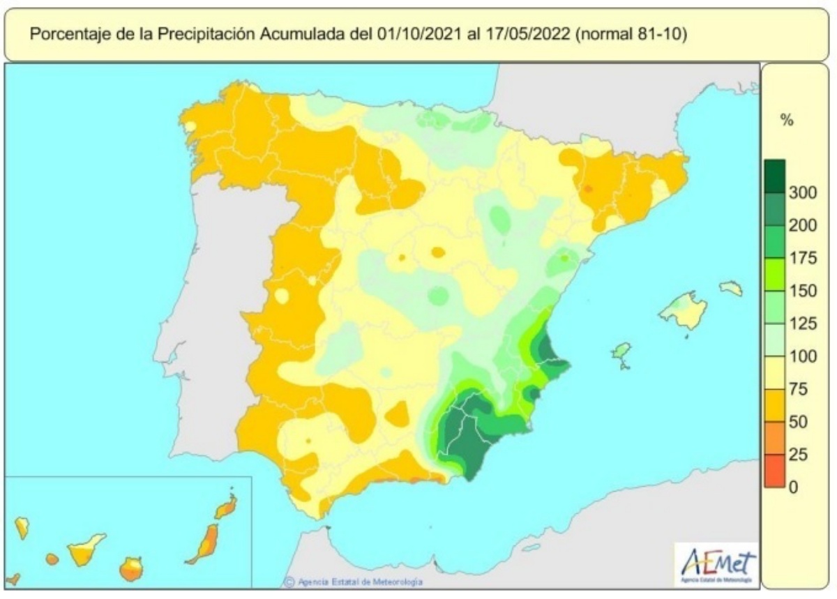 Lluvias acumuladas en España del 1 de octubre de 2021 al 17 de mayo de 2022 / AEMET