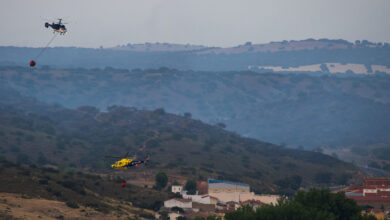 Efectivos del Servicio de Extinción de Incendios de Castilla-La Mancha (Infocam) luchan contra las llamas en el Parque Natural de Las Lagunas de Ruidera, en la provincia de Ciudad Real. EFE/Jesús Monroy