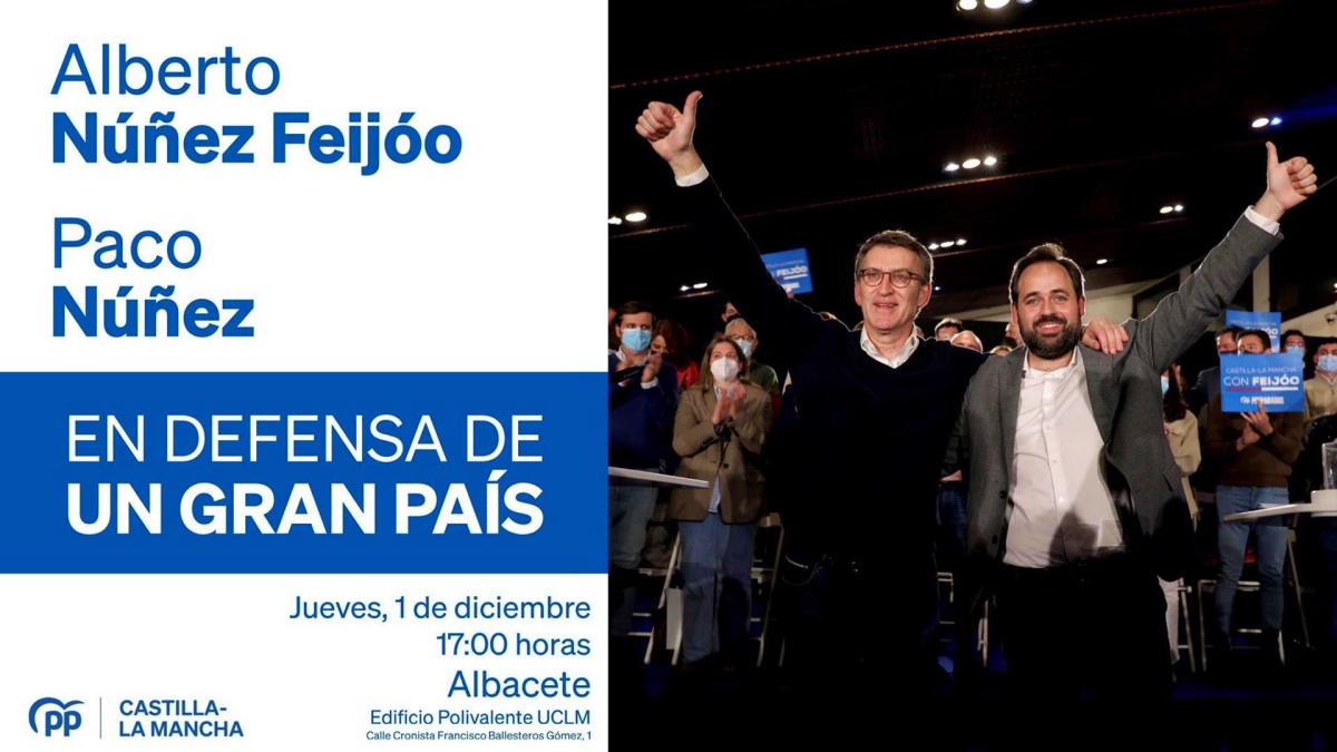 Cartel anunciador del acto de Feijóo en Albacete previsto para este jueves // PP de Castilla-La Mancha