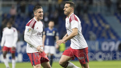 Álvaro Rodríguez, lesionado tras su gol en Oviedo