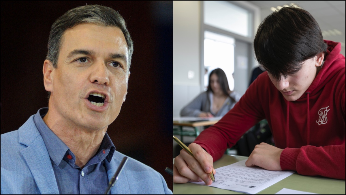 Pedro Sánchez y un alumno haciendo la EvAU / Fotos: Paredes y Peteiro - Europa Press
